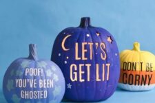 37 modern colorful Halloween pumpkins in lilac, purple and orange, with drilled letters, stenciled ones and some letters