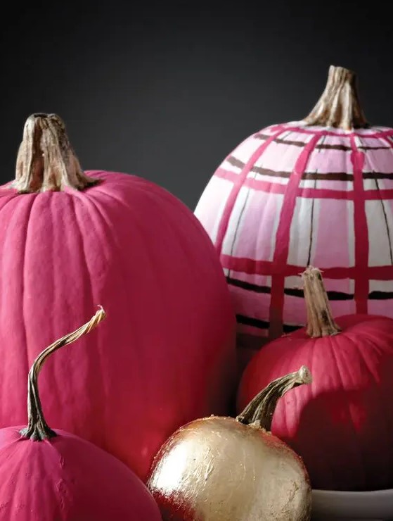 fuchsia, gold leaf, pink plaid pumpkins will make your fall space look ultimately cool and bold