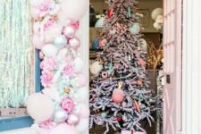 02 a fantastic pink balloon, pink peony, shiny garland and a Christmas tree with pastel ornaments and beads are amazing for a candy-inspired Christmas celebration