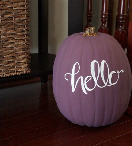 a matte purple pumpkin with calligraphy is an easy craft for fall and Thanksgiving, looks chic and modern