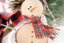 04 a rustic snowman Christmas ornament with a plywood scarf and yarn is a cool decoration you can DIY