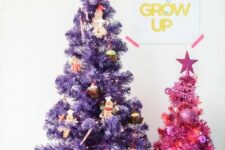 05 a duo of pretty Christmas trees – a purple and a pink one, with food-themed ornaments and heart-shaped ones