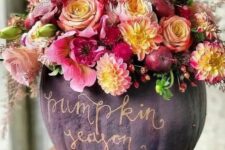 05 a sophisticated matte purple pumpkin done with pink, neutral, yellow blooms, berries and apples and gold calligraphy
