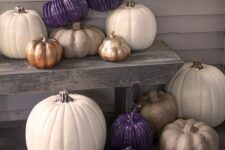 06 white, gilded and purple pumpkins will be cool Thanksgiving decor, both indoors and outdoors