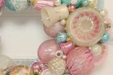 08 a pastel Christmas wreath of vintage ornaments and little beads is a very cool idea for a vintage Christmas party