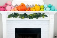 08 a super colorful rianbow pumpkins make the mantel look like fall and bring intense colors to the space