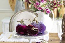08 beautiful purple, lilac and burgundy velvet pumpkins are great touches of color and decorations for Thanksgiving and fall