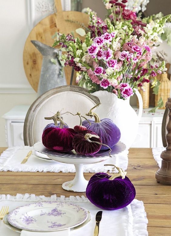 beautiful purple, lilac and burgundy velvet pumpkins are great touches of color and decorations for Thanksgiving and fall