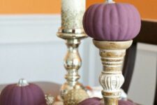 09 matte purple pumpkins on stands, mercury glass candleholders and candles with sparkles are amazing for fall