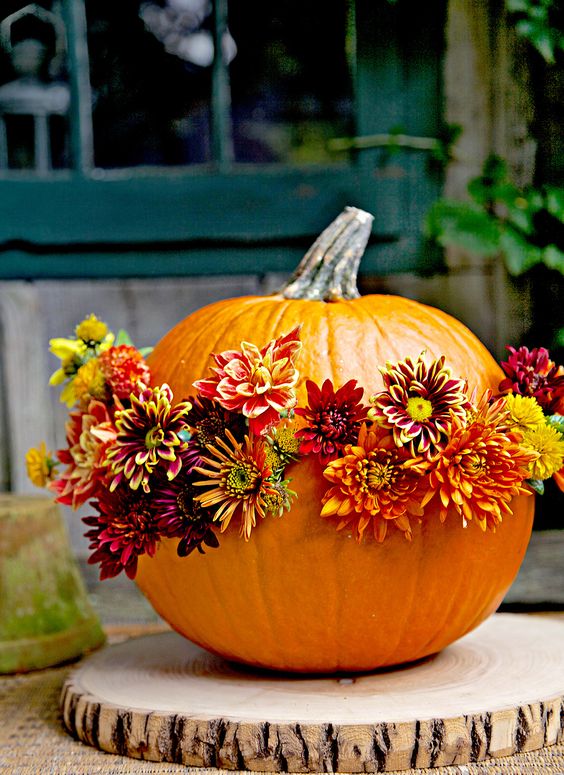 an orange pumpkin with bright burgundy, ornage and red blooms is a gorgeous all-natural decor idea for the fall or Thanksgiving