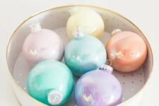 11 a round box with lovely pastel Christmas ornaments with a glossy touch is a lovely and pretty decor idea for the holidays