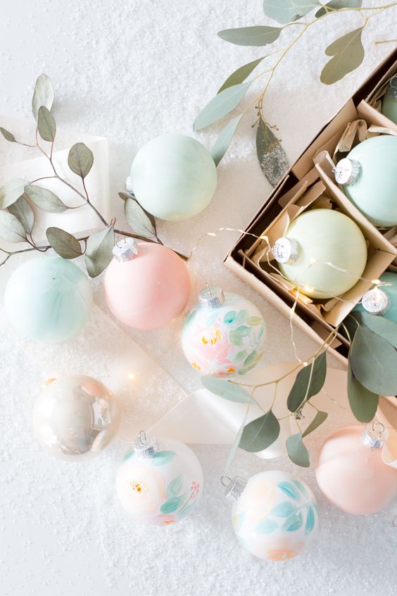 super delicate and beautiful pastel Christmas ornaments with botanical designs and patterns are amazing