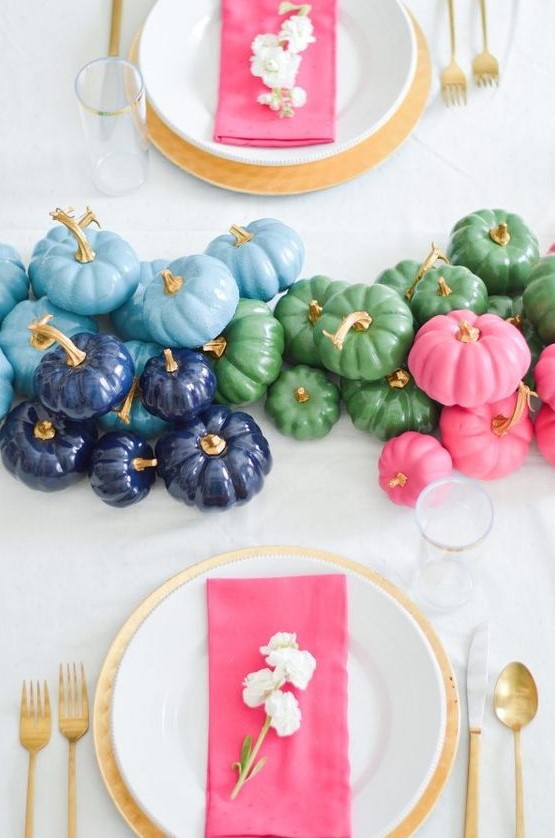 a bold painted pumpkin table runner is a fantastic idea for a fall tablescape, craft them yourself