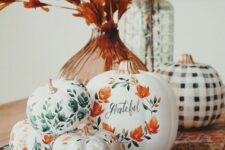 15 a gorgeous Thanksgiving pumpkin arrangement with botanical and floral patterns and stickers and a calligraphy floral pumpkin