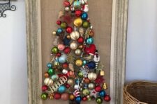 17 a Christmas tree wall art of bright vintage Christmas ornaments is a super cool and bold idea to repeat