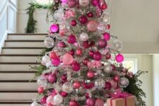 21 a silver Christmas tree decorated with clear, hot pink, fuchsia and white ornaments, topped with a large pink ribbon bow