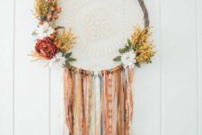 24 a boho Thanksgiving wreath of an embroidery hoop, bold and white blooms and greenery and fabric ties