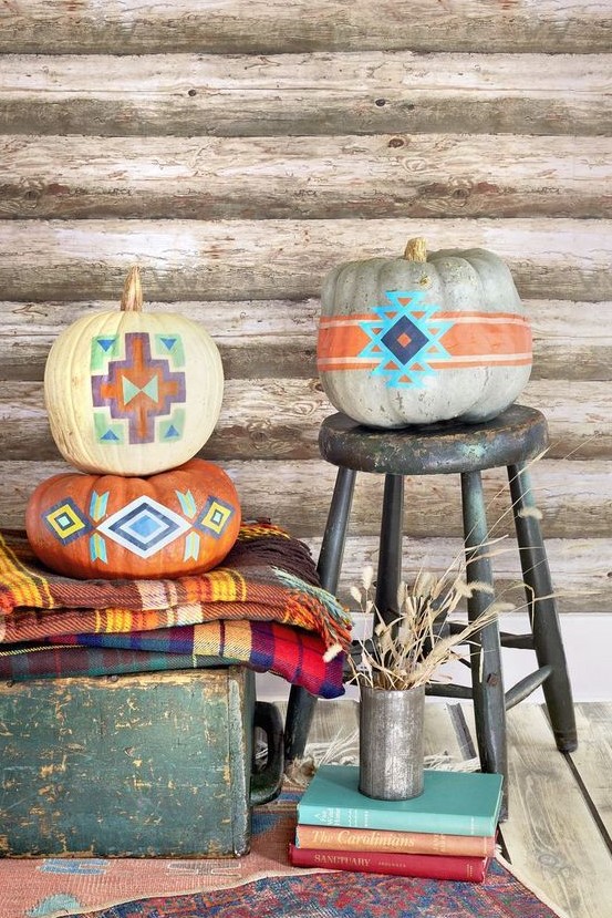 boho and tribal pumpkins will give an edge and a trendy feel to your Thanksgiving decor