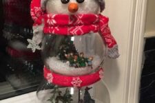 26 a snowman Christmas decoration fo fish bowls with snowy scenes inside, with red scarves and a beanie