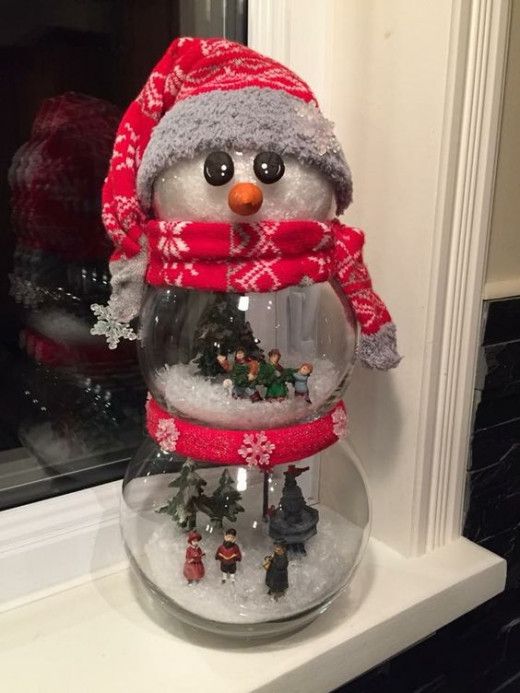 a snowman Christmas decoration fo fish bowls with snowy scenes inside, with red scarves and a beanie