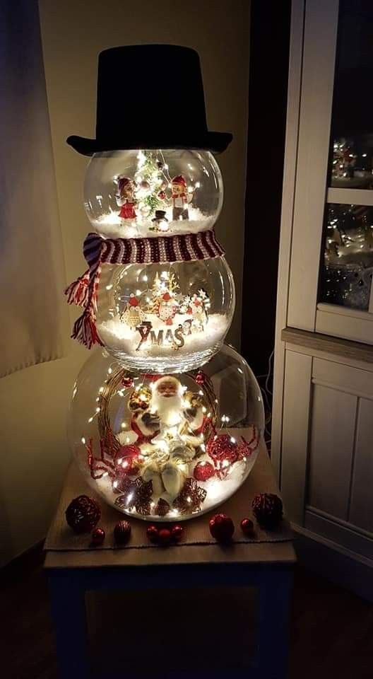 a snowman Christmas decoration of fish bowls with lights, wintry scenes and with a top hat is a super cool idea