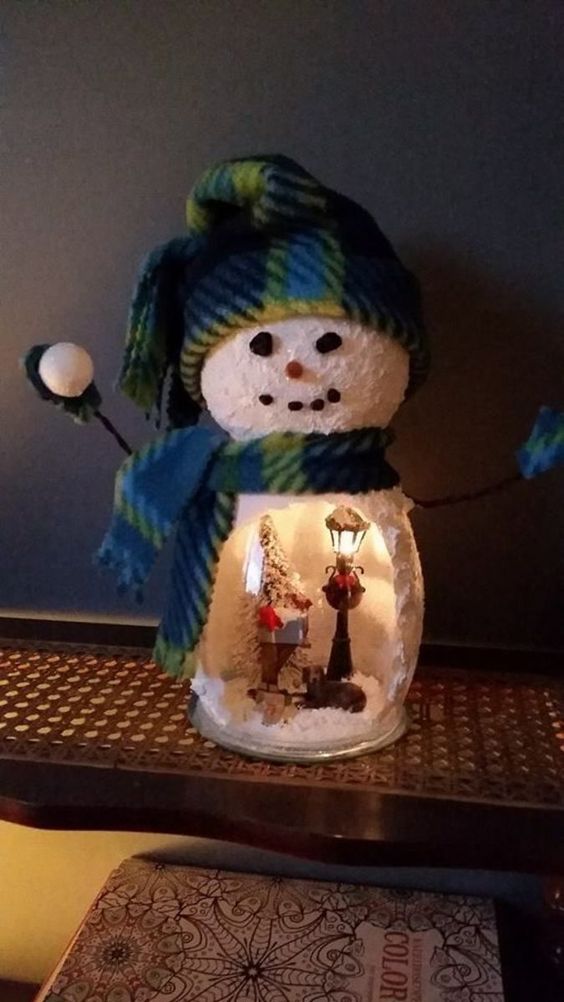a snowman diorama with a little snowy scene inside is a very creative decor idea for Christmas