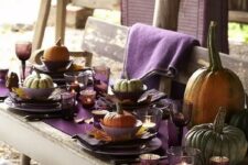A rustic thanksgiving tablescape with purple touches