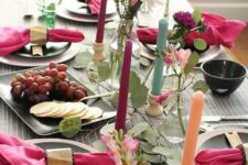 34 a tablescape with lots of pinks, greens, metallics, and natural textures for a bright and beautiful celebration