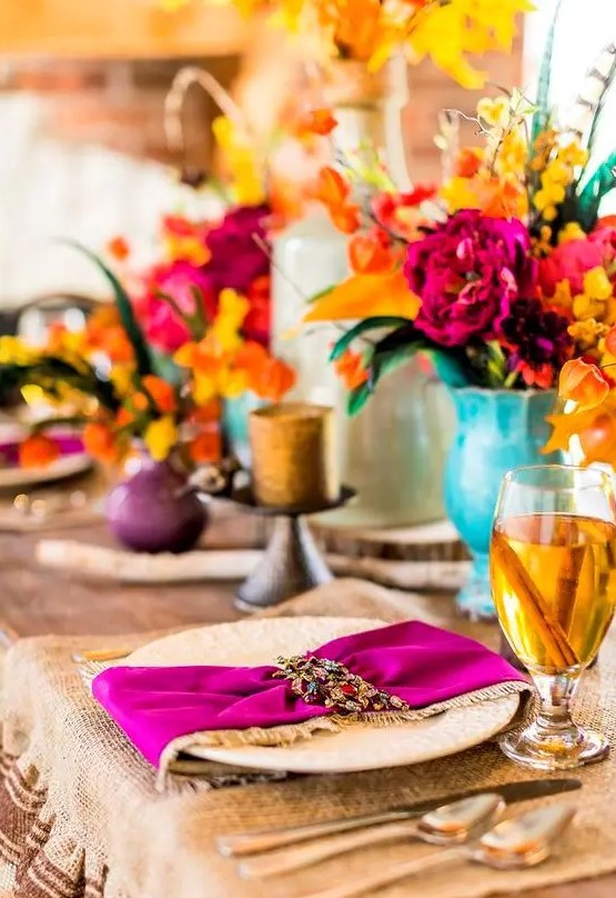 set a tablescape with orange, mustard, hot pink and purple hues to remember this Thanksgiving