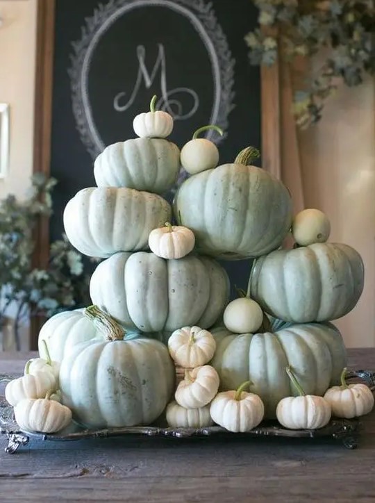 a chic Thanksgiving centerpiece of a silver vintage tray with white and green fresh pumpkins for a harvest statement