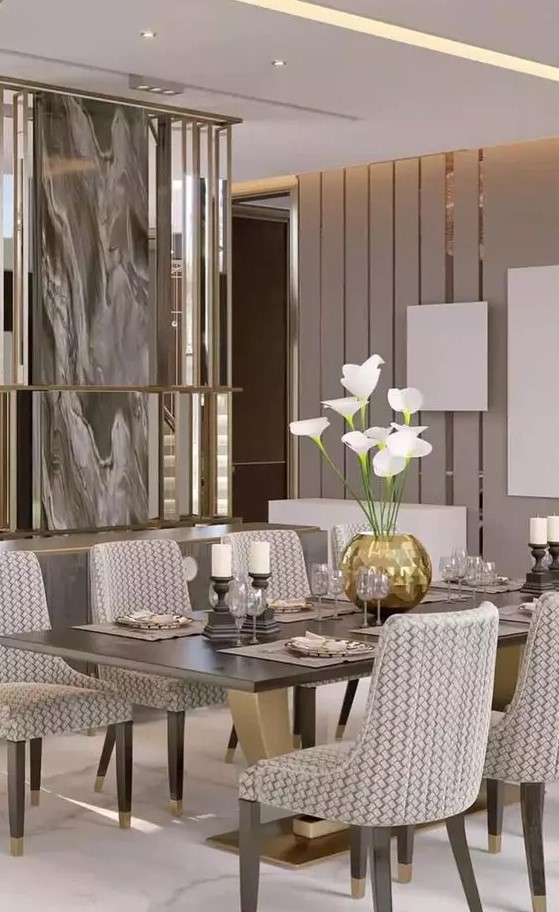 a dining room with a striped wall