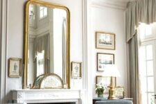 a vintage room with an oversized mirror