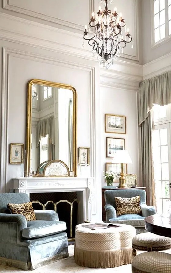 a vintage room with an oversized mirror