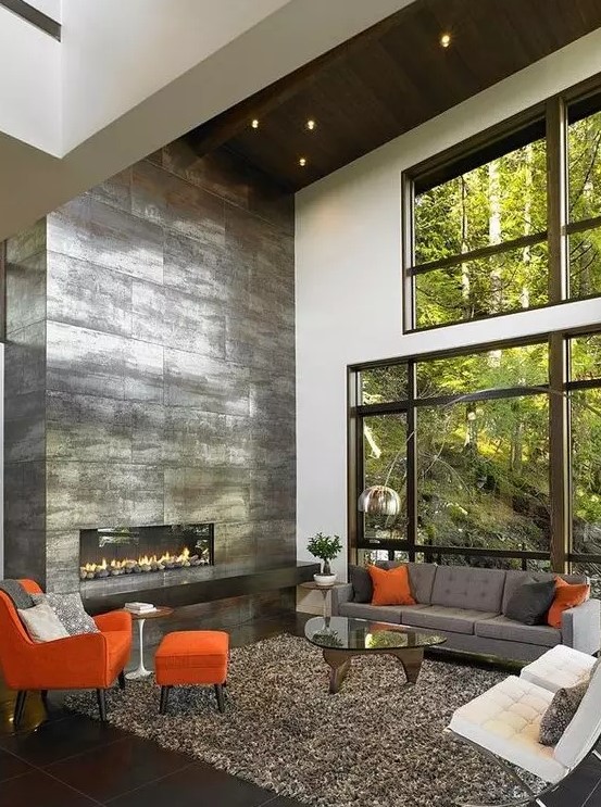 a large metal built in fireplace