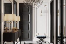 a small and sophisticated black and white foyer with a checked floor, a black door, a leather stool, a chic console table and a unique sphere chandelier