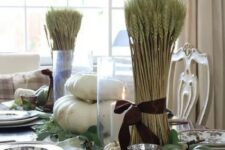 green pumpkins, pears, greenery and wheat for a beautiful rustic Thanksgiving tablescape