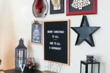 02 a bold industrial Christmas gallery wall with marquees, signs, artworks, a cardboard deer head and chalkboards