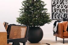02 a pre-lit Christmas tree in a large black round planter is a stylish modern or minimalist solution to rock
