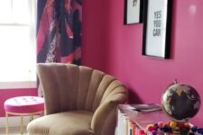 05 a bright magenta home office with bold curtains, a neutral chair, an acrylic storage unit, layered rugs and a hot pink stool