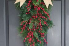 07 a simple and cute evergreen poise with red berries and a burlap bow on top is a lovely idea for a Christmas front door
