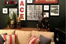 08 a stylish holiday gallery wall with photos, signs and candles on the shelves is a bold idea