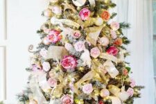 20 a romantic Christmas tree decorated with gold mesh ribbons, lights, gold and silver ornaments, pink, blush and hot pink blooms