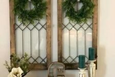 20 shabby chic windows with boxwood wreaths and ribbons hanging on them are amazing for Christmas