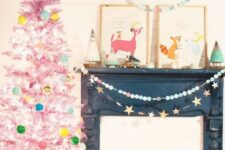 23 a pastel pink Christmas tree with aqua, green, yellow ornaments and lights is a dreamy and unusual idea for every space