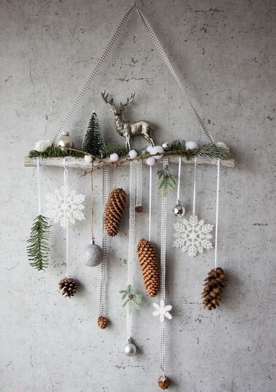 a cozy Christmas wall hanging with snowflakes, pinecones, evergreens, ornamens, bottle brush trees, snowballs and a deer