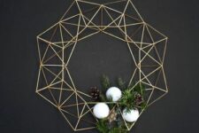 32 a modern himmeli Christmas wreath shaped as a crown, with white ornaments, greenery and pinecones is a lovely and chic idea