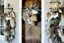 33 chic natural front door styling with mesh and burlap ribbons, evergreens, pinecones, berries, and whitewashed evergreens on the door
