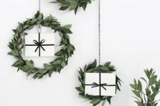 52 leafy wreaths with gift boxes inside for modern indoor and outdoor Christmas decor