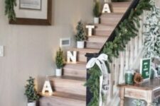 white marquee letters, potted Christmas trees on the steps are a nice idea for Christmas staircase decor
