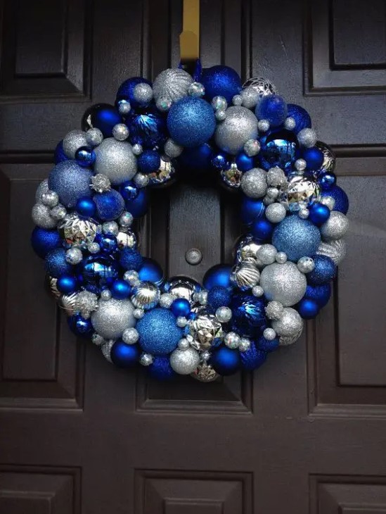 a bright Christmas wreath of ornaments - blue, electric blue and silver ones is a bright and cool idea for a frozen feel